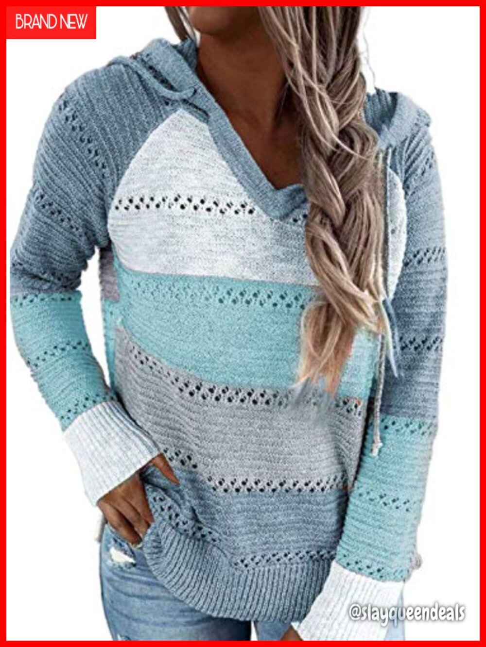 Striped Crochet Pullover Hoodie Sweater Casual Fall Women